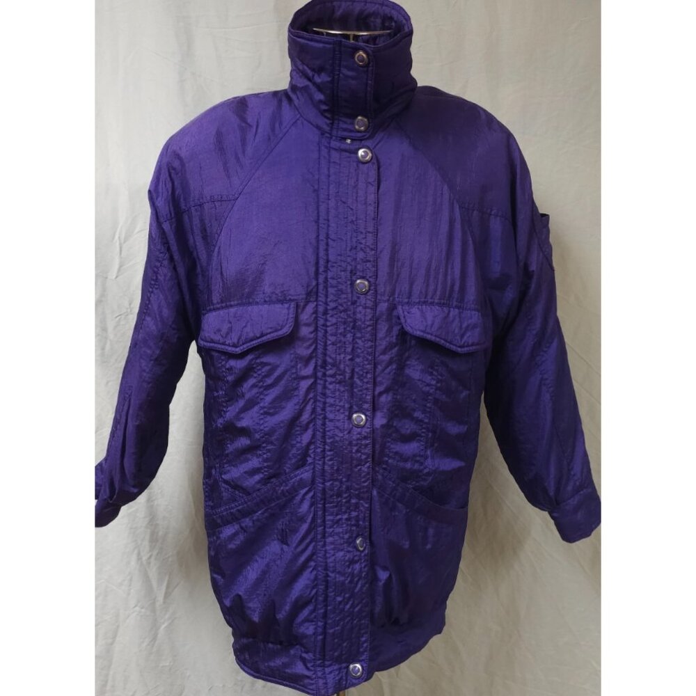 Vtg Andy Johns Women's Medium Purple Graffiti Print Lining Puffer Jacket Coat